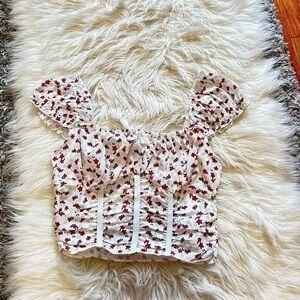 White floral print puff shoulder  top